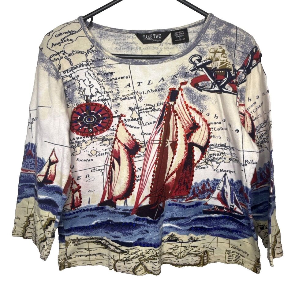 Vintage Y2K Take Two Shirt Womens Large Multicolor Art 3/4 Sleeve Sailboat Map L